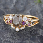 2PCS Salt & Pepper Diamond Cluster Engagement Ring Set Yellow Gold