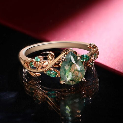 Pear Shaped Moss Agate Engagement Ring Nature Inspired Ring