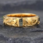 Men's Wedding Ring Bezel Baguette Cut Moss Agate Engraved Wedding Band Yellow Gold