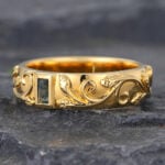 Bezel Baguette Cut Moss Agate Engraved Wedding Band Yellow Gold