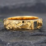 Bezel Baguette Cut Moss Agate Engraved Wedding Band Yellow Gold