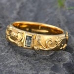Bezel Baguette Cut Moss Agate Engraved Wedding Band Yellow Gold
