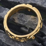 Bezel Baguette Cut Moss Agate Engraved Wedding Band Yellow Gold