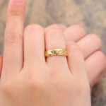 Bezel Baguette Cut Moss Agate Engraved Wedding Band Yellow Gold
