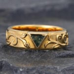 Bezel Triangle Cut Moss Agate Engraved Wedding Band Yellow Gold