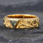Bezel Baguette Cut Moss Agate Engraved Wedding Band Yellow Gold