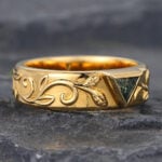 Bezel Triangle Cut Moss Agate Engraved Wedding Band Yellow Gold