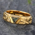 men's wedding ring Bezel Triangle Cut Moss Agate Engraved Wedding Band Yellow Gold