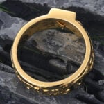 Bezel Triangle Cut Moss Agate Engraved Wedding Band Yellow Gold