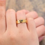 Bezel Triangle Cut Moss Agate Engraved Wedding Band Yellow Gold
