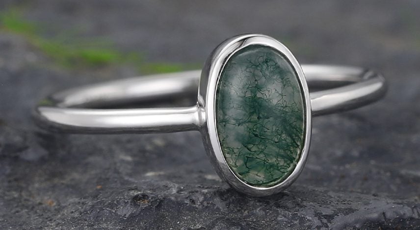 Bezel White Gold Oval Cut Moss Agate Solitaire Engagement Ring (3) Cluster Ring or Solitaire