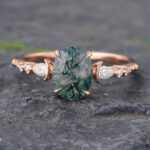 Oval Cut Moss Agate Engagement Ring Crescent Rose Gold Promise Ring