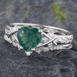 Everlasting Heart Shaped Moss Agate Crossover Engagement Ring Set