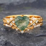 Everlasting Heart Shaped Moss Agate Crossover Engagement Ring Set 14K Yellow Gold