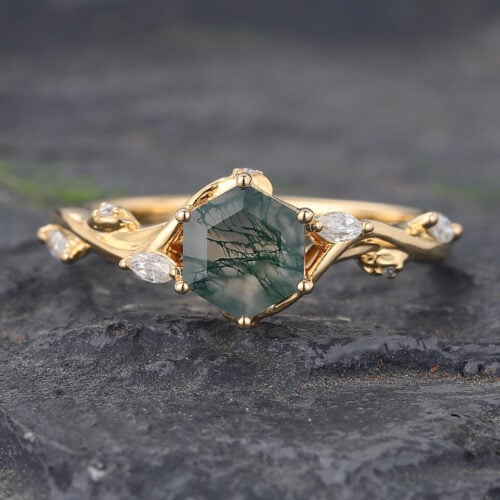 Delicate Hexagon Cut Moss Agate Engagement Ring Nature Inspired Gold Ring