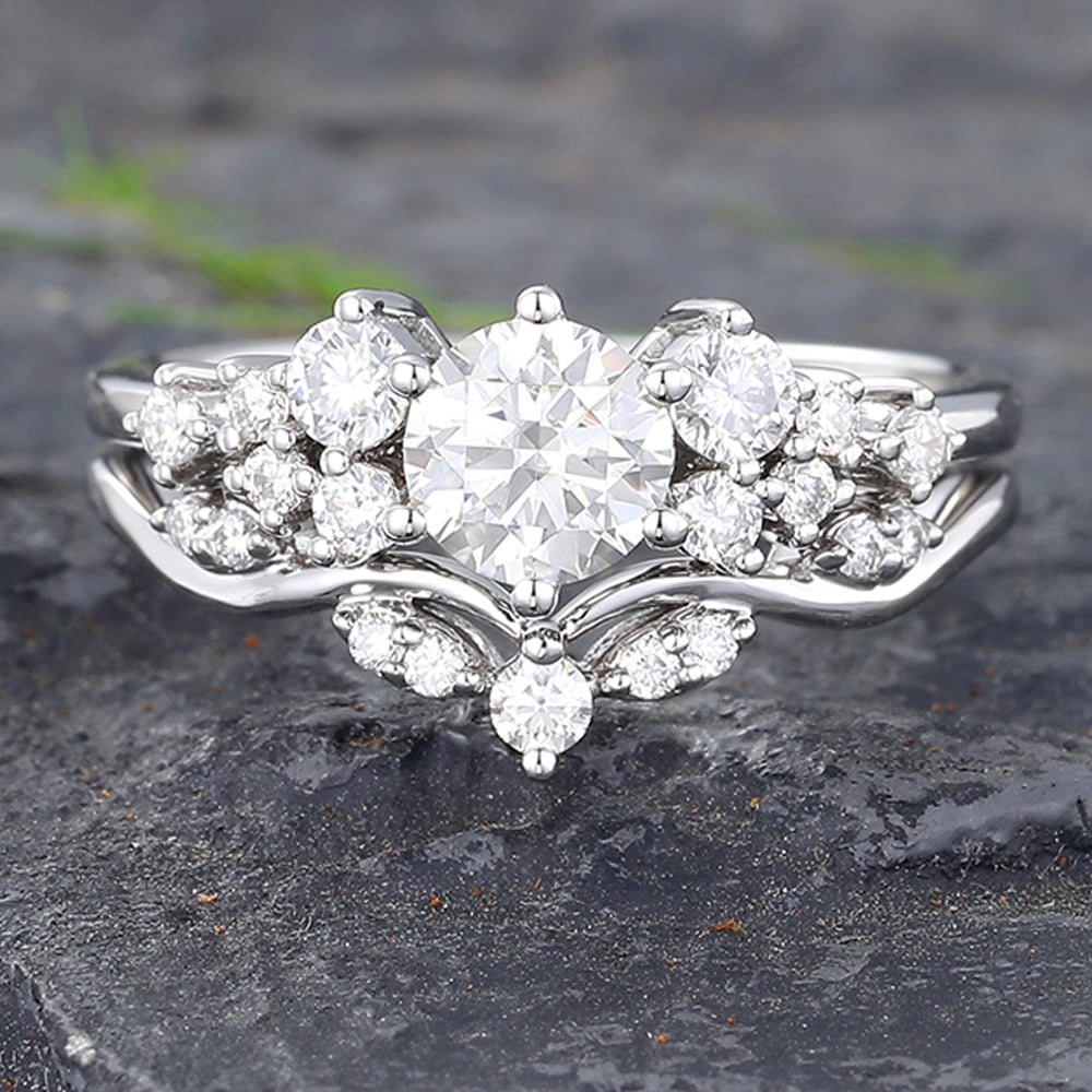 Round Moissanite Engagement Ring Set White Gold Bridal Set - 2PCS