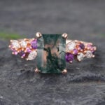 Emerald Cut Moss Agate Engagement Ring Trio Side Stones Bridal Ring
