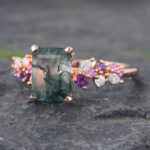 Emerald Cut Moss Agate Engagement Ring Trio Side Stones Bridal Ring