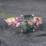 Emerald Cut Moss Agate Engagement Ring Trio Side Stones Bridal Ring