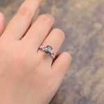Emerald Cut Moss Agate Engagement Ring Trio Side Stones Bridal Ring