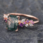 Emerald Cut Moss Agate Engagement Ring Trio Side Stones Bridal Ring