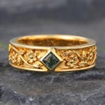 Vintage Princess Cut Moss Agate Engraved Wedding Band 18K Yellow Gold
