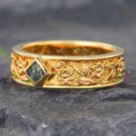 Vintage Princess Cut Moss Agate Engraved Wedding Band 18K Yellow Gold