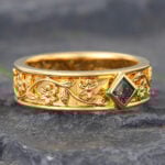 Vintage Princess Cut Moss Agate Engraved Wedding Band 18K Yellow Gold
