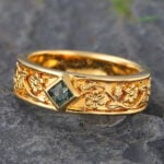 Vintage Princess Cut Moss Agate Engraved Wedding Band 18K Yellow Gold