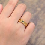 Vintage Princess Cut Moss Agate Engraved Wedding Band 18K Yellow Gold