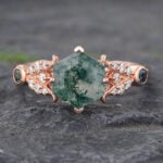 Floral Hexagon Cut Moss Agate Cluster Engagement Ring Rose Gold