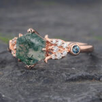 Floral Hexagon Cut Moss Agate Cluster Engagement Ring Rose Gold