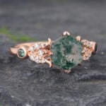 Floral Hexagon Cut Moss Agate Cluster Engagement Ring Rose Gold