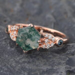 Floral Hexagon Cut Moss Agate Cluster Engagement Ring Rose Gold