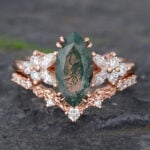 Vintage Marquise Cut Moss Agate Cluster Engagement Ring Set 14K Rose Gold 2PCS