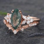 Vintage Marquise Cut Moss Agate Cluster Engagement Ring Set 14K Rose Gold 2PCS