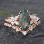 Vintage Marquise Cut Moss Agate Cluster Engagement Ring Set 14K Rose Gold 2PCS
