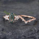 Vintage Marquise Cut Moss Agate Cluster Engagement Ring Set 14K Rose Gold 2PCS