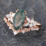 Vintage Marquise Cut Moss Agate Cluster Engagement Ring Set 14K Rose Gold 2PCS