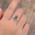 Vintage Marquise Cut Moss Agate Cluster Engagement Ring Set 14K Rose Gold 2PCS