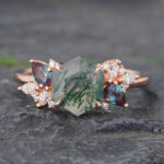 Hexagon Cut Moss Agate Cluster Engagement Ring Alexandrite Side Stone Ring