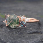 Hexagon Cut Moss Agate Cluster Engagement Ring Alexandrite Side Stone Ring