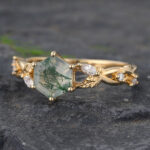 Hexagon Cut Moss Agate Engagement Ring Yellow Gold Leaf Split Shank Ring