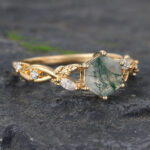 Hexagon Cut Moss Agate Engagement Ring Yellow Gold Leaf Split Shank Ring
