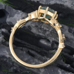 Hexagon Cut Moss Agate Engagement Ring Yellow Gold Leaf Split Shank Ring