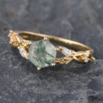 Hexagon Cut Moss Agate Engagement Ring Yellow Gold Leaf Split Shank Ring