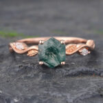 Hexagon Cut Natural Green Moss Agate Engagement Ring Rose Gold
