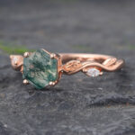 Hexagon Cut Natural Green Moss Agate Engagement Ring Rose Gold