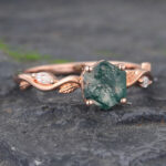 Hexagon Cut Natural Green Moss Agate Engagement Ring Rose Gold