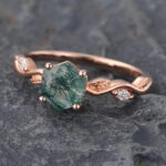 Hexagon Cut Natural Green Moss Agate Engagement Ring Rose Gold